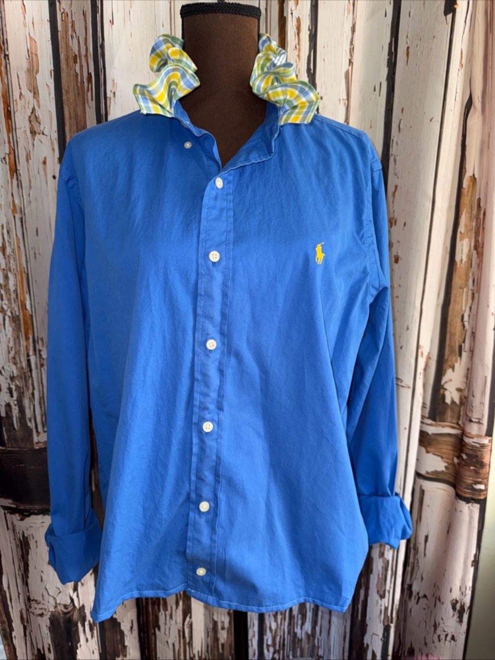 Reworked upcycled ruffle Ralph Lauren large blue shirt read details